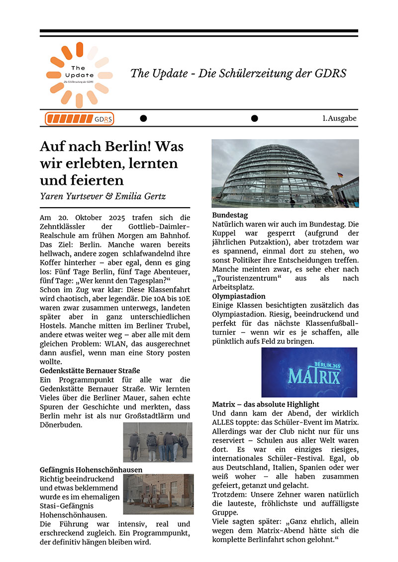 Seite 1 der Schülerzeitung The Update der GDRS